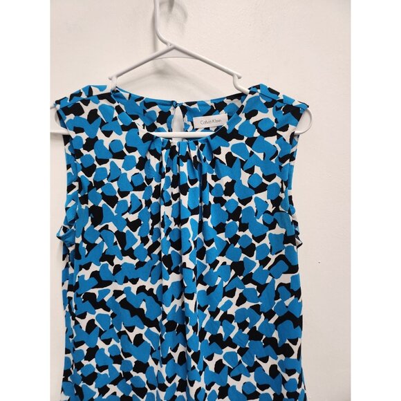 Calvin Klein Womens Sleeveless Top Medium Blue Black Abstract Stretch Carrier - Picture 2 of 5